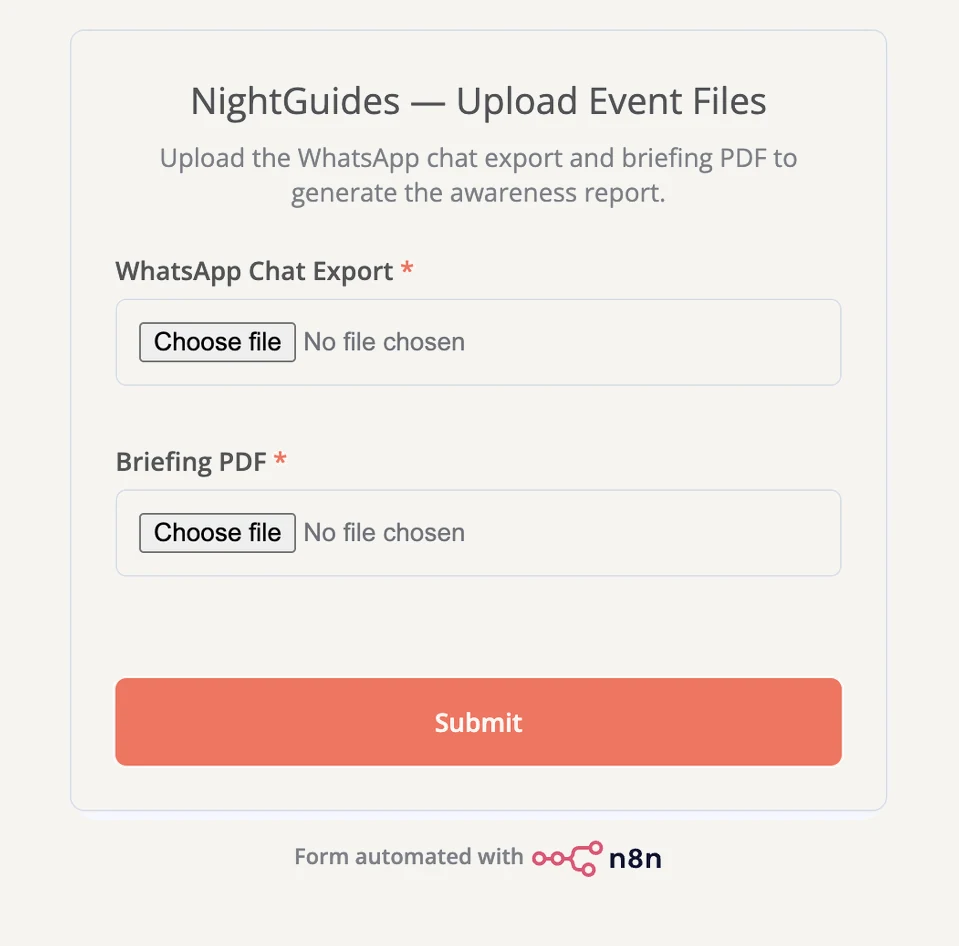 The NightGuides upload form, titled Upload Event Files, with two required file fields, WhatsApp Chat Export and Briefing PDF, and a Submit button.